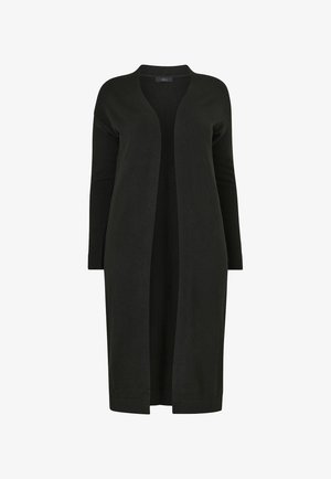Sort lang cardigan lavet af blødt strikstof, med åben front, lange ærmer og ribbede manchetter. Minimalistisk design uden lukninger.