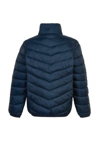 Navy blue puffer jacket with chevron quilted pattern, high collar, and long sleeves; smooth texture and lightweight design.