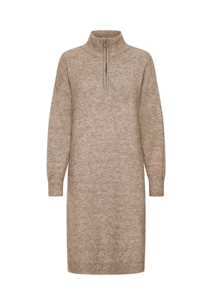 Beež kudum dresses, millel on kõrge kaelus, pooltõmblukuga sulgemine, pikad varrukad ja lõdvestunud sobivus. Tekstureeritud kangas ribitud ääristega.