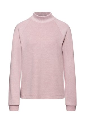 Lichtroze pullover trui met een opstaande kraag, geribbelde mouwen en raglanmouwen. Gemaakt van zachte, gestructureerde stof met een eenvoudig ontwerp.