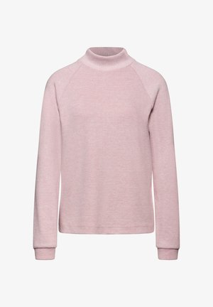 Light pink pullover sweater with a mock neck, ribbed cuffs, and raglan sleeves. Made of soft, textured fabric with a simple design.