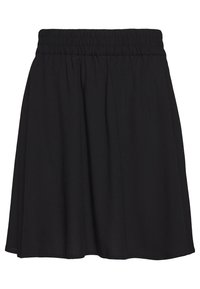 Černá sukně s elastickým pasem, A-liniovým střihem a splývavou tkaninou, která sahá do poloviny stehna. Hladká textura, jednoduchá silueta.