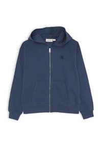 Felpa con zip blu realizzata in tessuto misto cotone, con tasca frontale e logo ricamato sul petto sinistro, dotata di cappuccio foderato.