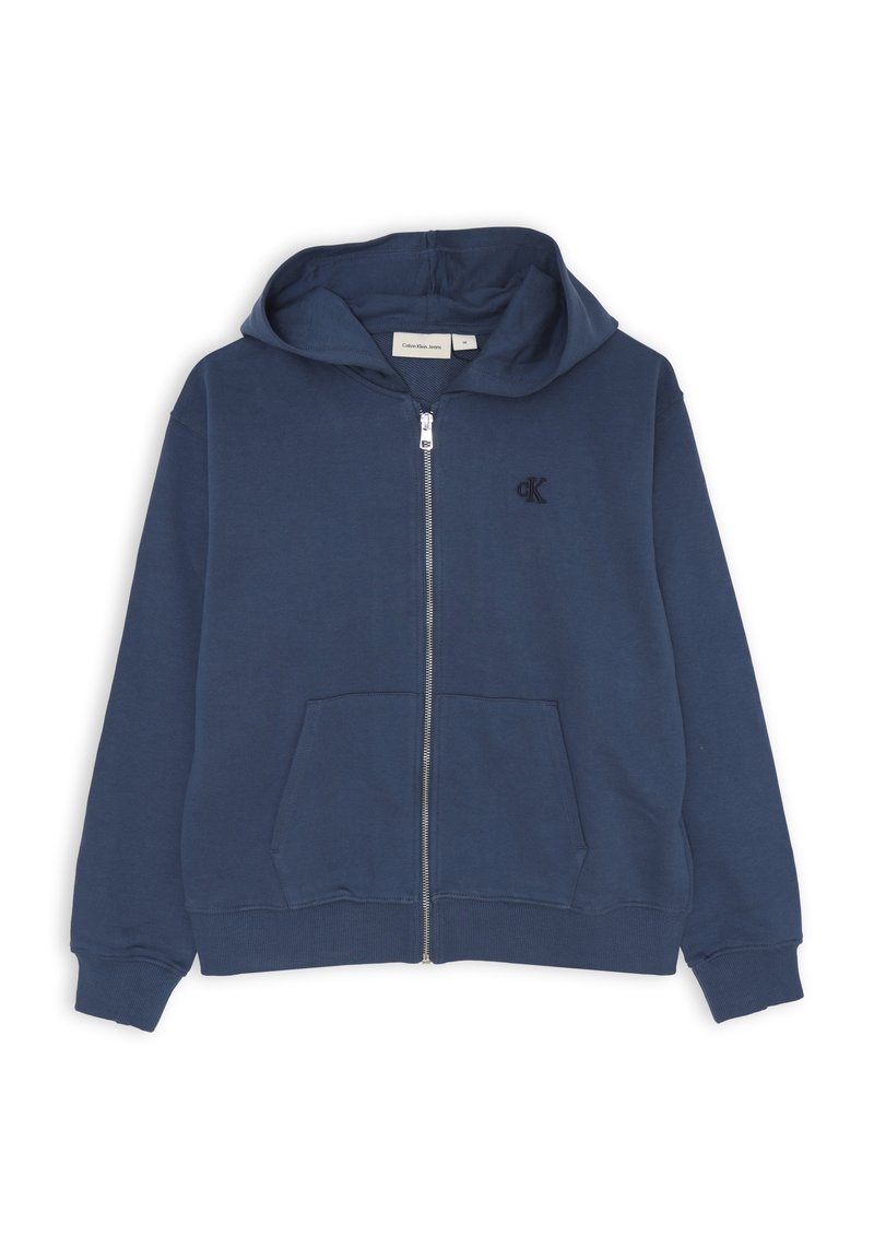 Felpa con zip blu realizzata in tessuto misto cotone, con tasca frontale e logo ricamato sul petto sinistro, dotata di cappuccio foderato.