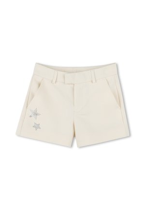 Shorts crème avec une texture lisse, présentant deux poches avant et des accents de étoiles en rhinestones décoratifs sur la poche gauche.