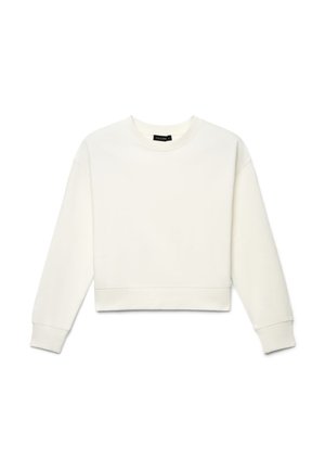 Weißes Sweatshirt mit langen Ärmeln und Rundhalsausschnitt, mit gerippten Bündchen und Saum, schlichtes Design, flach auf weißem Hintergrund dargestellt.