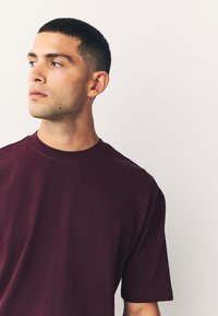 Kort mouwt-shirt in kastanjebruin, gemaakt van zachte stof. Heeft een ronde hals en een ontspannen pasvorm, met een gladde textuur en minimale stiksel details.