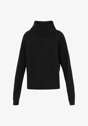 Must mustriga kõrge ribidega kaelusega, pika varrukaga ja ribidega alläärega. Pehme tekstuur ja lõtv, lühem siluett.