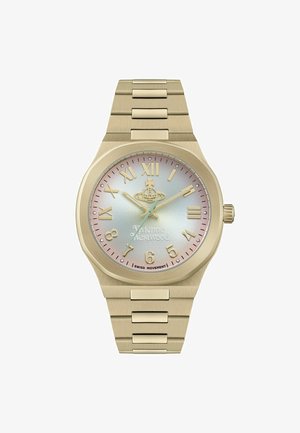 Gold-tone wristwatch with a round dial, textured iridescent face, Arabic and Roman numeral markers, and a linked bracelet strap.