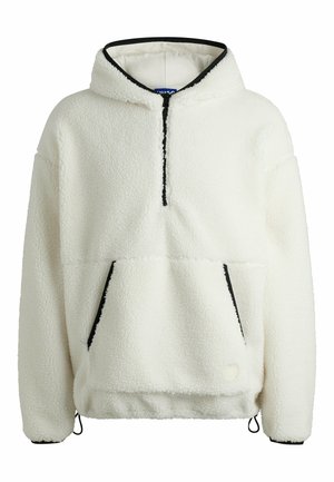 Sudadera con capucha blanca de forro polar, cremallera frontal hasta la mitad, ribete negro, bolsillo tipo canguro y puños y bajo con cordón ajustable.