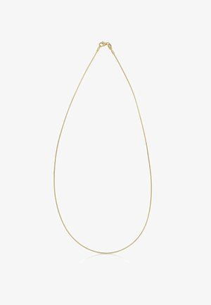 Collana in metallo tono oro con catena liscia e sottile. Presenta una chiusura semplice a un'estremità, progettata in una forma elegante e curva.