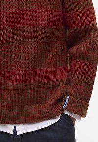 Strickpullover in rot und grün gestreift, mit einem strukturierten Muster und umgeschlagenen Ärmeln mit blauen Akzenten. Übereinander getragen mit einem weißen Hemd.