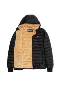Chaqueta puffer negra con capucha, con un suave forro de imitación de piel de color beige, exterior acolchado y puños acanalados. Logo de Schott visible en el interior.