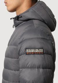 Side view of person wearing gray puffer jacket with hood and Napapijri Geographic logo patch on upper arm.