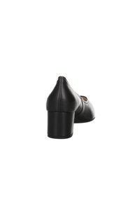 Black leather heeled shoe with a rounded toe and a tapered heel. The surface is smooth with minimal visible stitching and detailing.