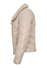 Beige Lederjacke mit gestepptem Muster, versehen mit einem Kragen und Reißverschlusstaschen auf der Vorderseite. Strukturiert Oberfläche mit figurbetonter Silhouette.
