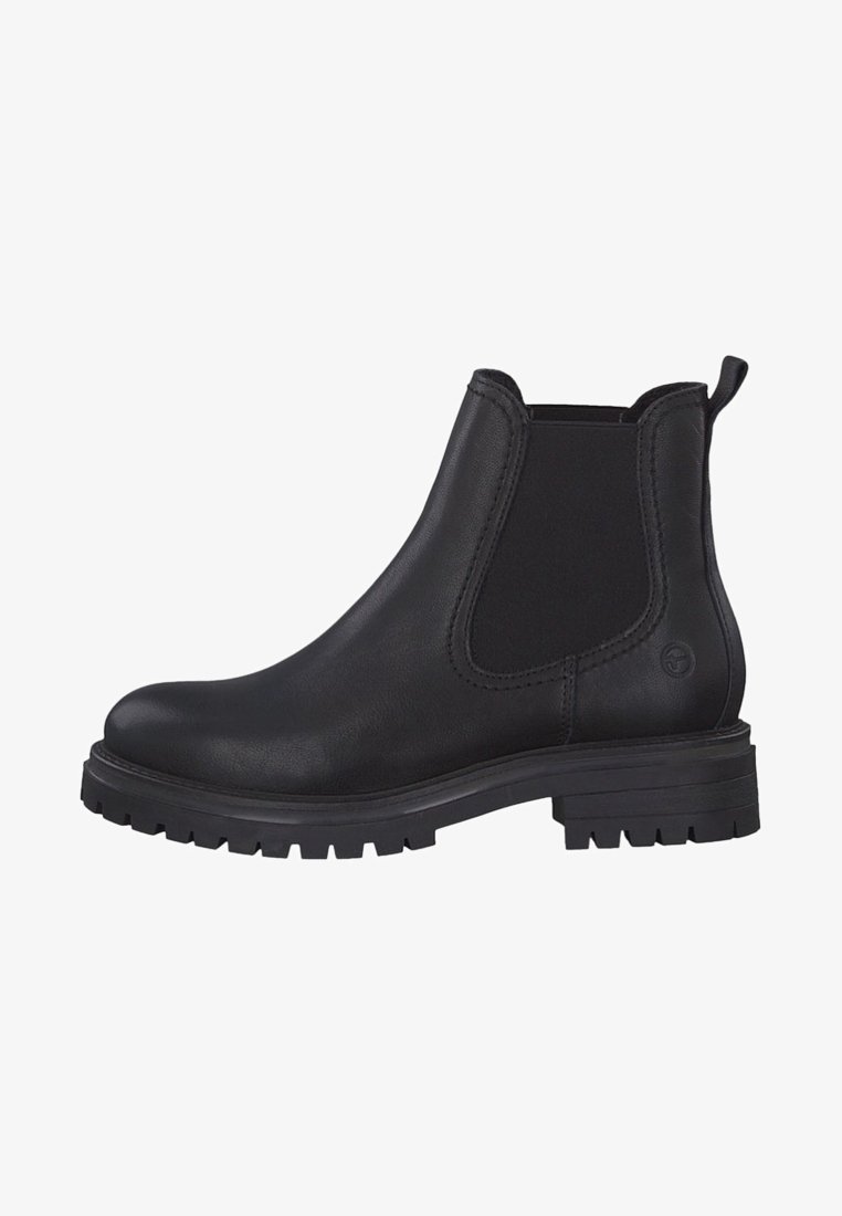 Botte Chelsea en cuir noir avec panneau latéral élastique, languette de traction au talon et semelle en caoutchouc épaisse à crampons.