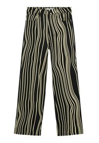 Pantalons larges noirs avec des rayures ondulées blanches, dotés d'une fermeture à bouton, de passants de ceinture et de poches avant. Texture de tissu douce.