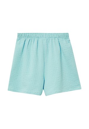 Jasnoniebieskie szorty z teksturowanej tkaniny, wyposażone w elastyczną talię i luźny krój, zaprojektowane dla komfortu i swobody ruchów.