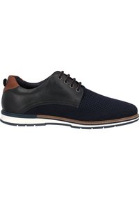 Marineblaue Sneaker mit einem atmungsaktiven Mesh-Obermaterial, schwarzen Lederakzenten und braunem Fersenbereich, einer weißen Gummisohle und Schnürdesign.