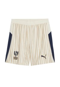 Shorts beige con rayas verticales, paneles laterales en color marino, cinturilla elástica, con el logo de "AL HILAL" y el logo de Puma en azul marino oscuro.