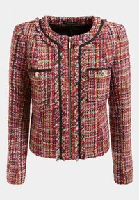 Tweed jas in rood, geel en paars tinten, met een rits sluiting, zwarte afwerking en twee voorzakken met gouden knopen.