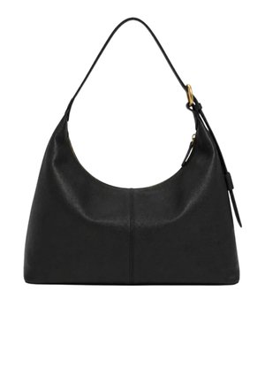 Borsa a tracolla in pelle nera con una singola tracolla, dettaglio fibbia dorata e forma rettangolare strutturata e leggermente curva.