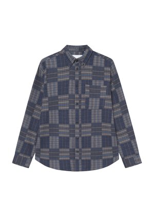 Μακρυμάνικη πουκάμισο με κουμπιά σε σκούρο μπλε χρώμα με καρό σχέδιο, που περιλαμβάνει αποχρώσεις του γκρι και του καφέ, και τσέπη στο στήθος.