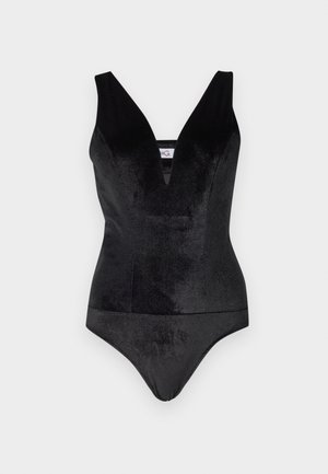 Črn bodi z globokim V-izrezom, izdelan iz gladkega in raztegljivega materiala, z širokimi naramnicami in prilegajočo se silhueto.