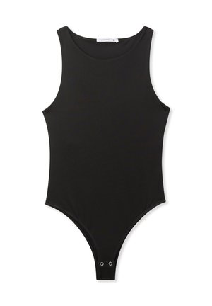 Body nero realizzato in tessuto liscio. Presenta un collo rotondo, design senza maniche e schiena a perizoma con chiusure a pulsante.