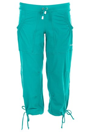 Turquoise zachte stoffen broeken met een trekkoord in de taille, zijzakken en gathered manchetten, ontworpen voor comfort en bewegingsvrijheid.