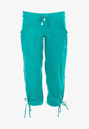 Türkise, weiche Stoffhose mit einem Kordelzug-Bund, Seitentaschen und gerafften Bündchen, entworfen für Komfort und Bewegungsfreiheit.