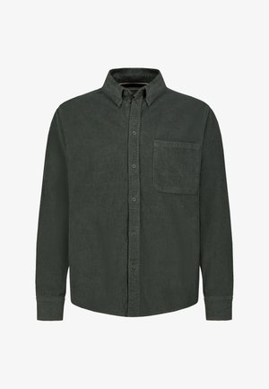 Dunkelgrünes Cordhemd mit langen Ärmeln, Knopfkragen, Fronttasche und knopfbarem Frontverschluss.