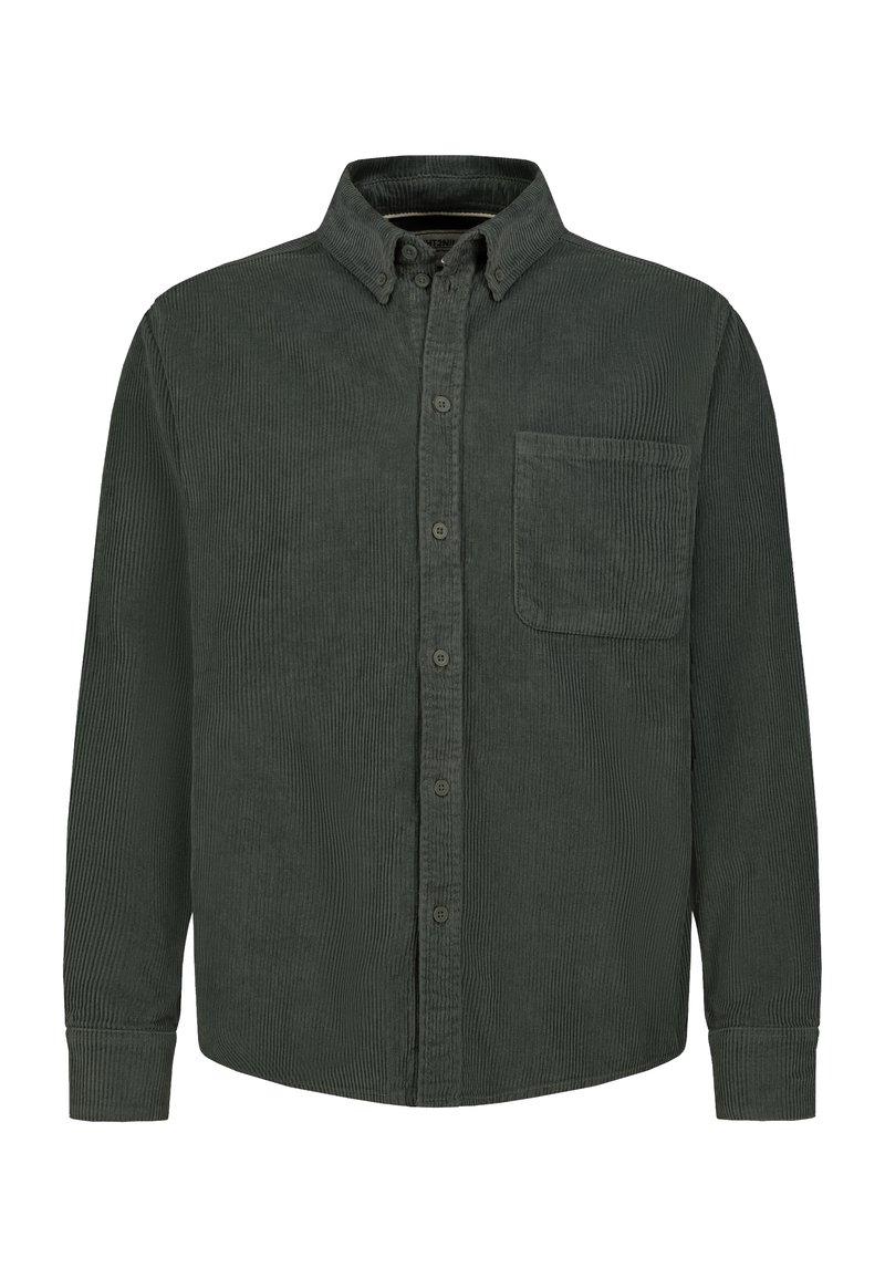 Dunkelgrünes Cordhemd mit langen Ärmeln, Knopfkragen, Fronttasche und knopfbarem Frontverschluss.
