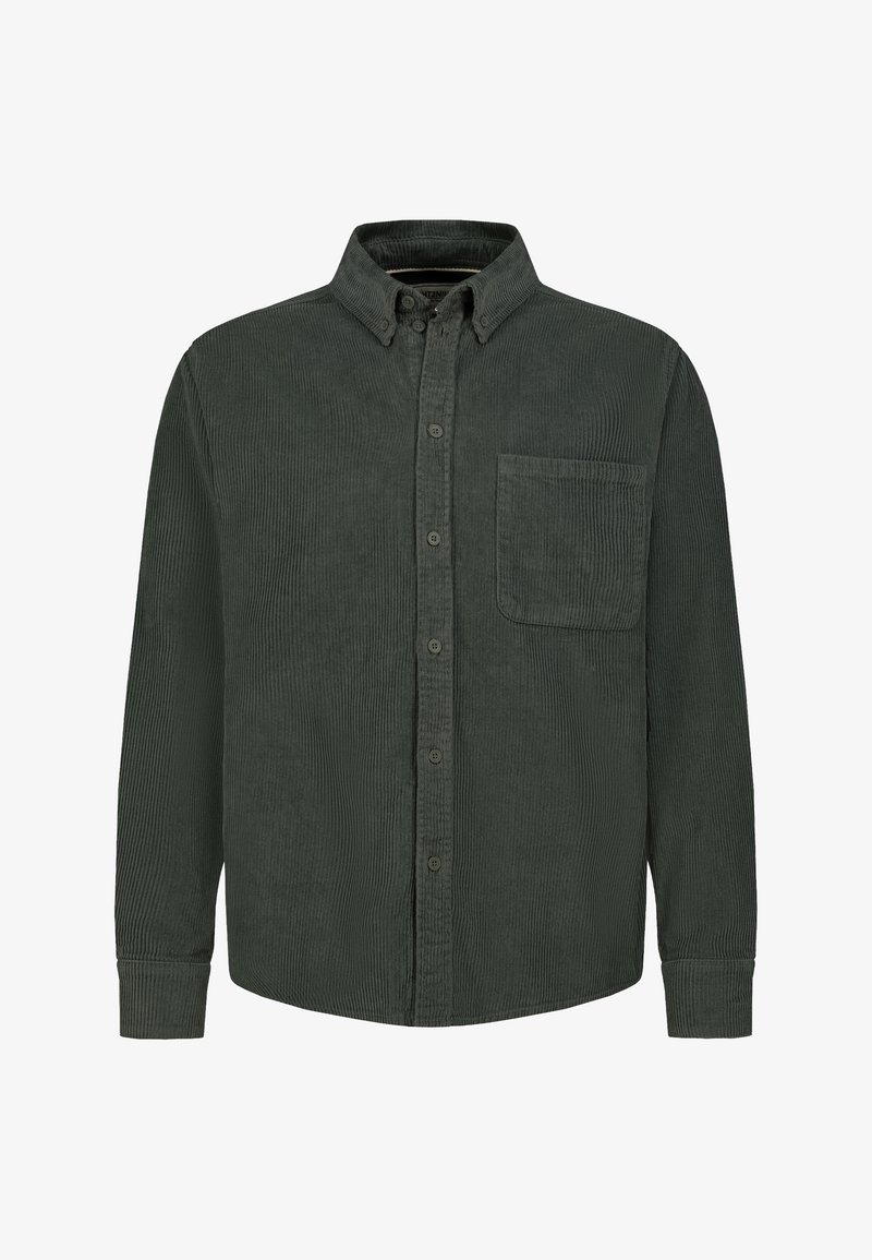 Dunkelgrünes Cordhemd mit langen Ärmeln, Knopfkragen, Fronttasche und knopfbarem Frontverschluss.