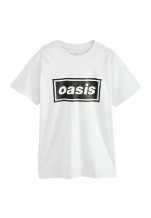 Biela bavlnená tričko s čiernym obdĺžnikovým grafickým motívom, na ktorom je v tučných bielych písmenách napísané "oasis". Tričko má krátke rukávy a okrúhly výstrih.