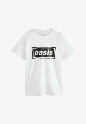 Bílý bavlněný tričko s černým obdélníkovým grafickým prvkem, na kterém je tučným bílým písmem napsáno "oasis". Tričko má krátké rukávy a kulatý výstřih.