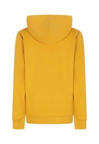 Felpa gialla con cappuccio, tessuto morbido, polsini e orlo a coste, design semplice e schiena senza cuciture senza hardware visibile o motivi.