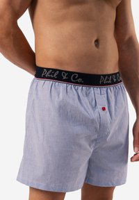 Blaue und weiße gestreifte Herren-Boxershorts mit einem marineblauen Bündchen, das das Logo "Phil & Co." zeigt, und einem roten Knopf an der Vorderseite.