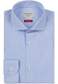 Blauw-wit gestreepte katoenen shirt met een reguliere pasvorm, button-down kraag en een enkele knop bij de manchetten. Etiket zegt "Steppin' Out."