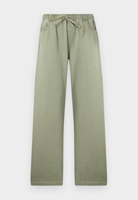 Φαρδύ παντελόνι ανοιχτοπράσινο με ελαστική μέση και κορδόνι, εμπρόσθιες τσέπες και διακριτικές ραφές.
