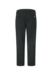 Tumši pelēki bikses ar gludu tekstūru, kurām ir iebūvētas kabatas un taisna kāju dizains. Jostasvietā ir standarta josla un mazs logo uzraksts.