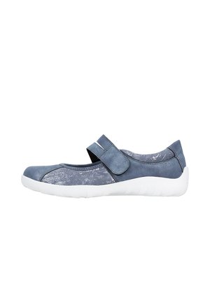 Blue Mary Jane-style shoe with adjustable hook-and-loop strap, textured upper, and white flexible rubber sole.