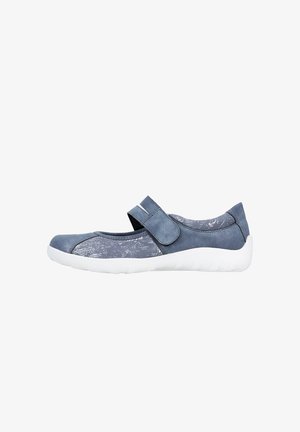 Blue Mary Jane-style shoe with adjustable hook-and-loop strap, textured upper, and white flexible rubber sole.