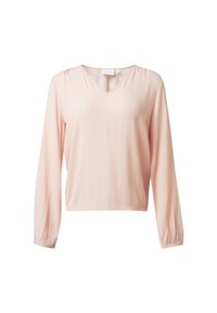 Helles rosa Langarmoberteil mit V-Ausschnitt, weicher Textur und elastischen Bündchen. Einfaches Design, fließende Silhouette, geeignet zum Schichten.