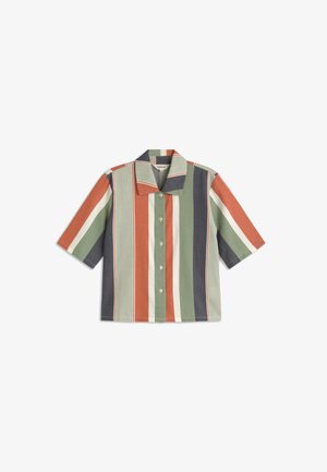 Button-up shirt with short sleeves featuring wide vertical stripes in rusty orange, green, cream, and dark gray tones.