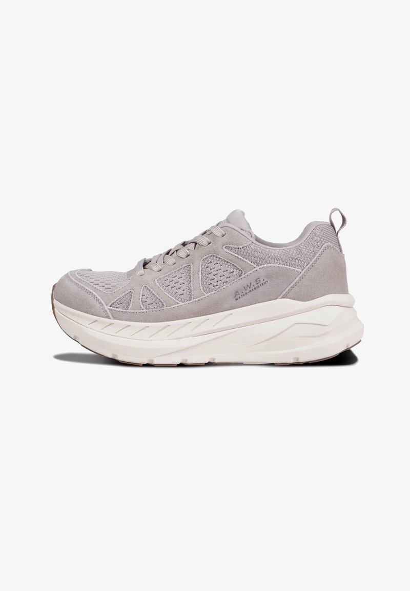 Gray athletic shoe with a mesh and suede upper, thick white midsole, lace-up design, and a pull tab at the heel. Textured accents present.