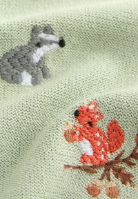 Tessuto a maglia verde chiaro con motivi ricamati di lupo grigio e scoiattolo arancione, caratterizzato da trame dettagliate e colori accentati terrosi.