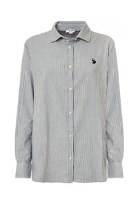 Camicia a righe blu e bianca con bottoni, dotata di colletto a punta, maniche lunghe e un piccolo logo ricamato sul petto.