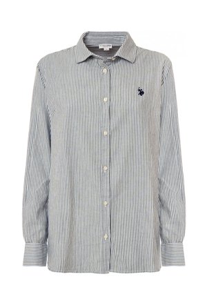 Camicia a righe blu e bianca con bottoni, dotata di colletto a punta, maniche lunghe e un piccolo logo ricamato sul petto.